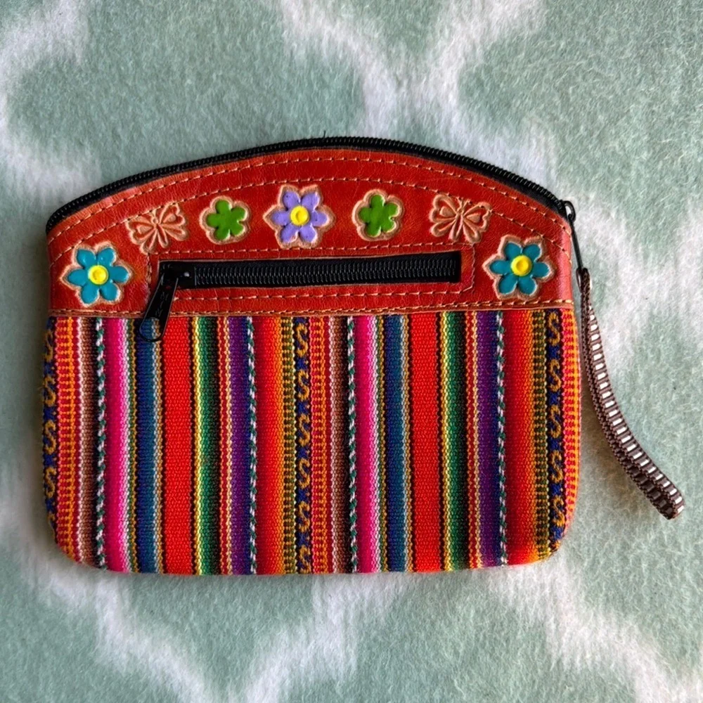 Handmade Colorful Peruvian folkart  leather and fabric pouch Clutch